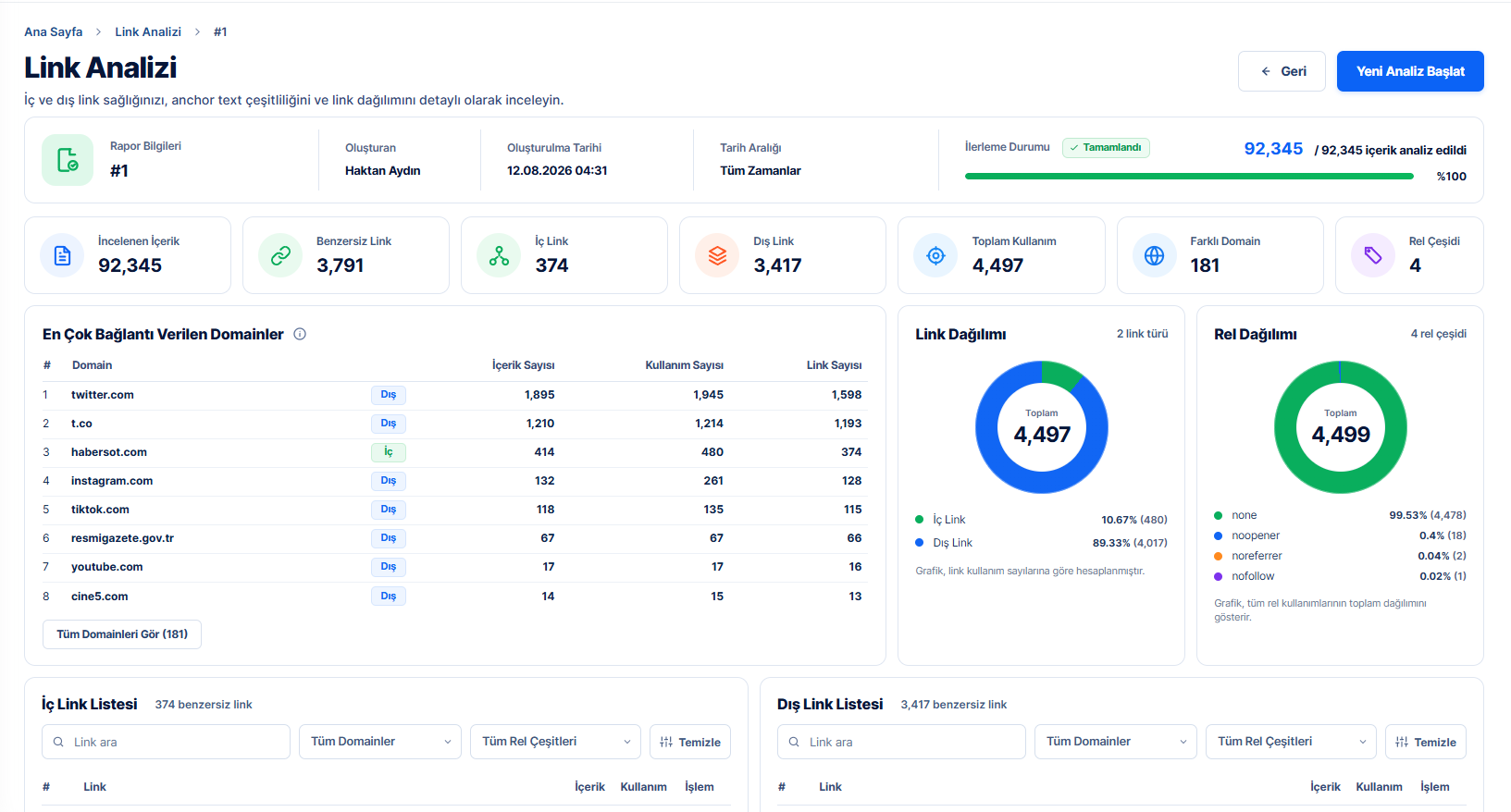 İç ve dış link analiz raporu